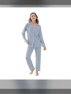 Light Blue Viscose Pajama SET with White Piping - XXL